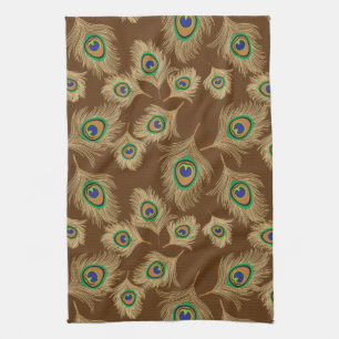 Beige Peacock Feathers on Chocolate Brown Tea Towel