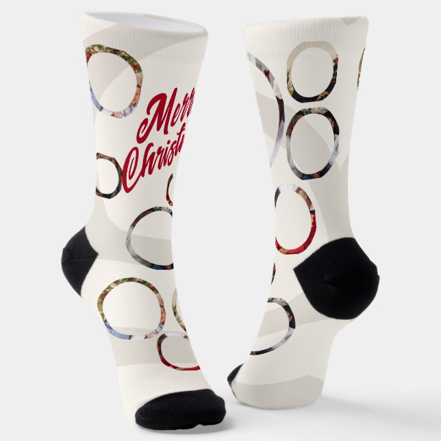 Beige Photo Collage Christmas Socks (Angled)