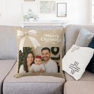 Beige photo cream bow Christmas Cushion