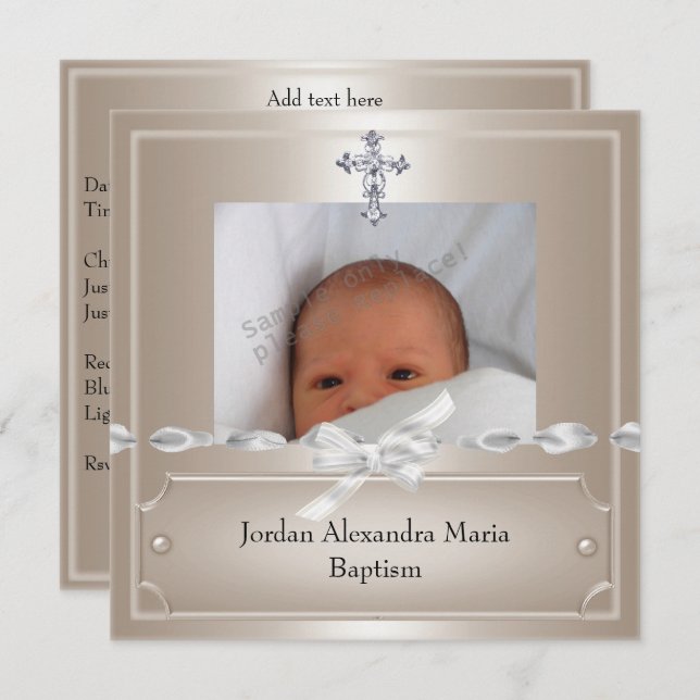 Beige Photo Frame Jewel Cross Baptism Invitation (Front/Back)
