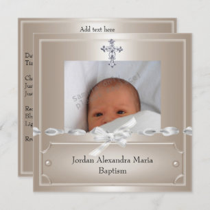 Beige Photo Frame Jewel Cross Baptism Invitation