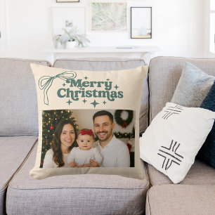 Beige photo green bow hand-drawn Christmas Cushion