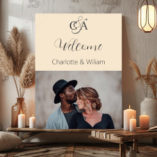 Beige photo monogram wedding welcome sign