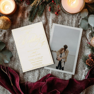 Beige photo script border wedding gold