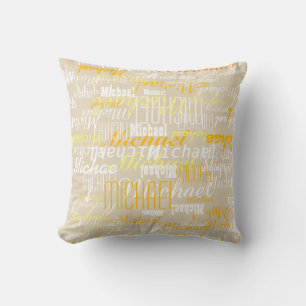 beige pillow with a pattern of names for kids