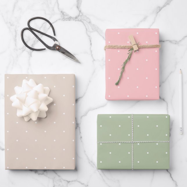 Beige Pink And Green White Tiny Polka Dots Pattern Wrapping Paper Sheet (Front)