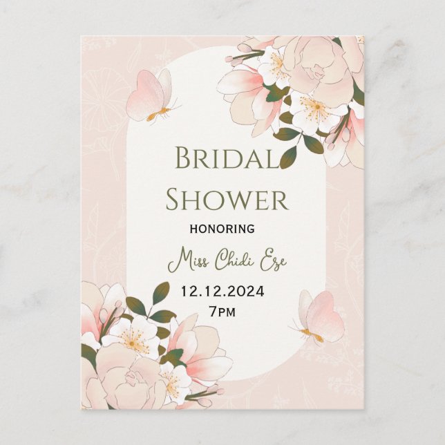 Beige Pink Floral Pattern Bridal Shower Postcard (Front)