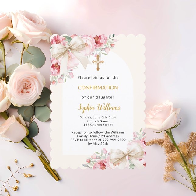 Beige pink florals bow arch Confirmation Invitation (Creator Uploaded)