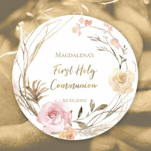 beige pink flowers First Holy Communion Classic Round Sticker