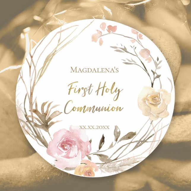 beige pink flowers First Holy Communion Classic Round Sticker (Creator Uploaded)