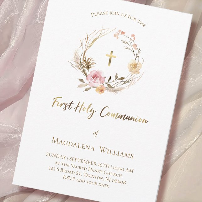beige pink flowers | First Holy Communion Invitation (Creator Uploaded)