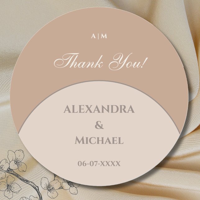 Beige Pink Monogram Japandi Wedding Thank You Classic Round Sticker (Creator Uploaded)