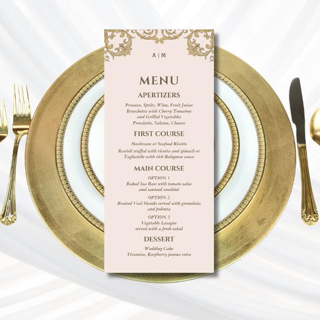 Beige Pink Ornate Monogram Baroque Wedding Menu (Creator Uploaded)