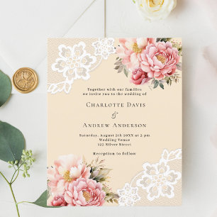 Beige pink rose floral lace wedding invitation