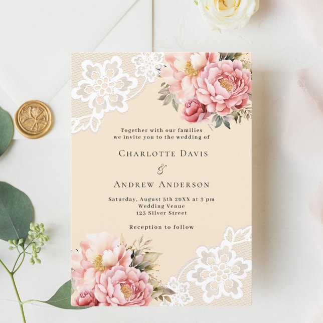 Beige pink rose gold florals lace wedding invitation (Creator Uploaded)