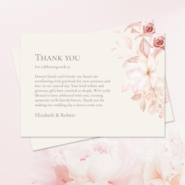 Beige & Pink Roses Wedding Thank You Card (Romantic Beige and Pink Roses Wedding Thank You Card on pastel pink table with pink roses.)
