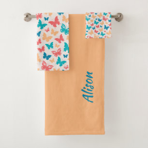 Beige pink turquoise Multi Butterflies pattern Bath Towel Set