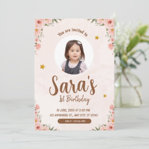 Beige& pink Watercolor Flower 1st Birthday Photo Invitation