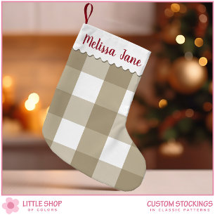 Beige Plaid Buffalo Check Monogram Small Christmas Stocking