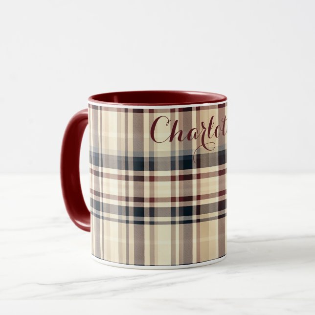 Beige Plaid Classic Chequered Pattern Mug (Front Left)