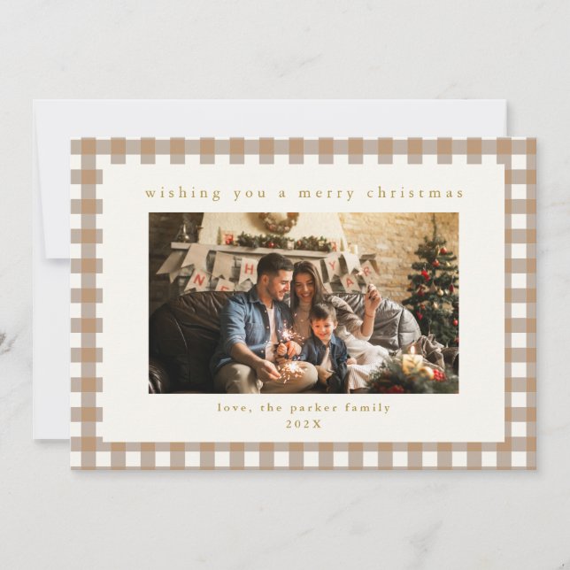 Beige Plaid Custom Photo Christmas Holiday Card (Front)