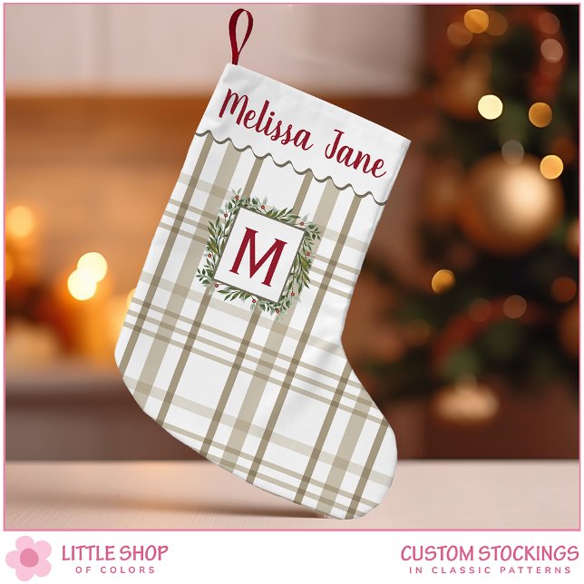 Beige Plaid Evergreen Wreath Customisable Monogram Small Christmas Stocking (Creator Uploaded)