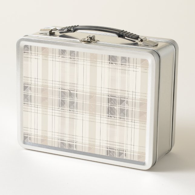 Beige Plaid Metal Lunch Box (Front)