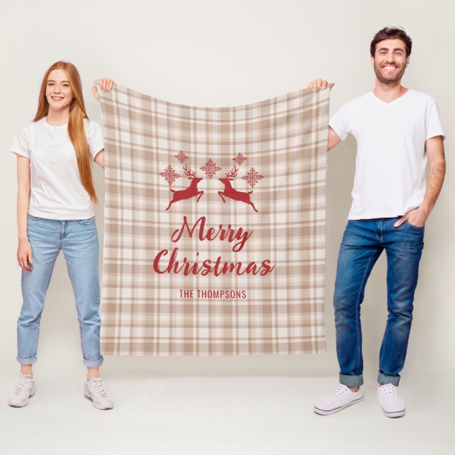 Beige Plaid Red Deer Merry Christmas Custom Name Fleece Blanket (In Situ)