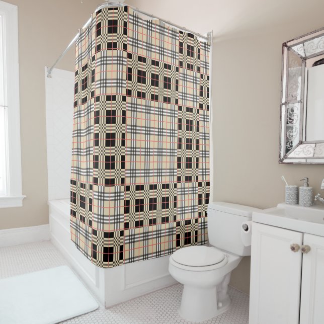 Beige Plaid Tartan Chequered Pattern Plaid Pattern Shower Curtain (In Situ)
