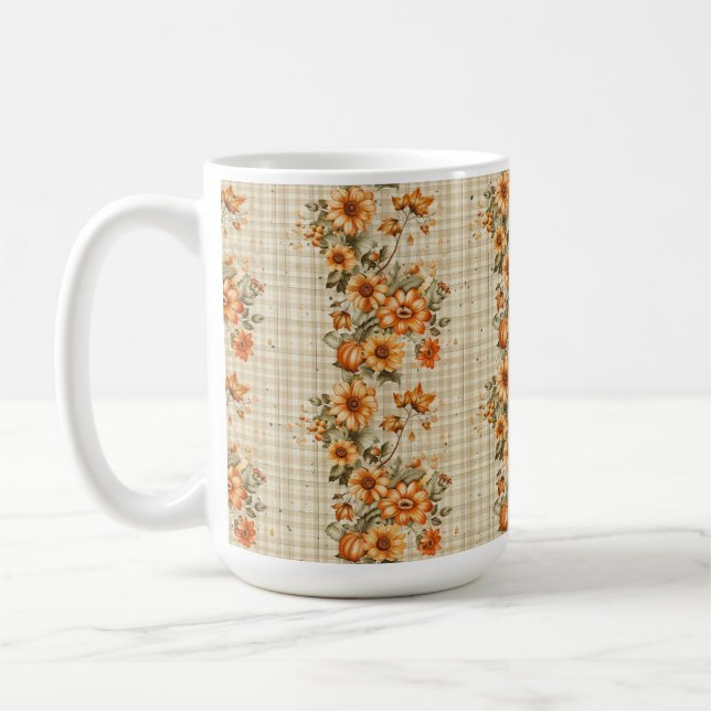 BEIGE PLAID WITH ORANGE & YELLOW FALL FLOWERS COFFEE MUG (Left)
