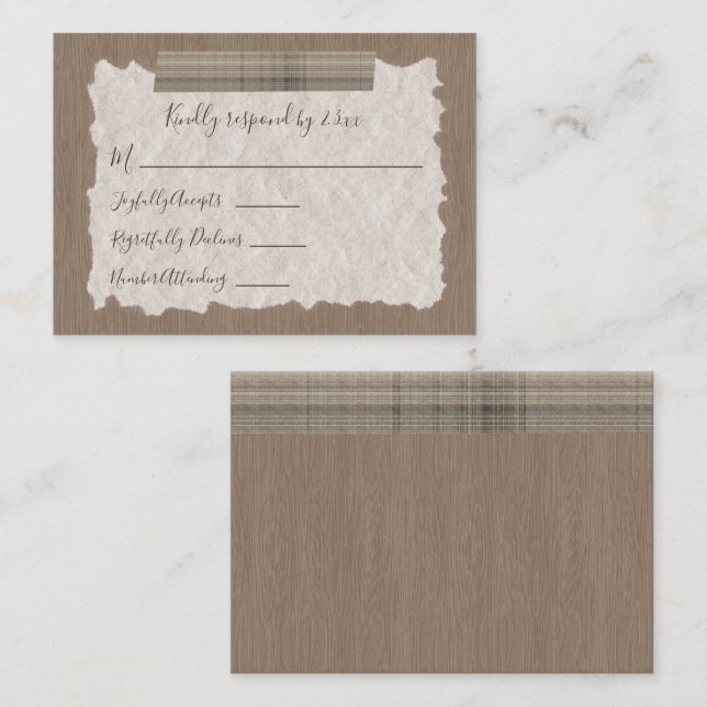 Beige Plaid, Wood Bar Mitzvah RSVP Card (Front/Back)