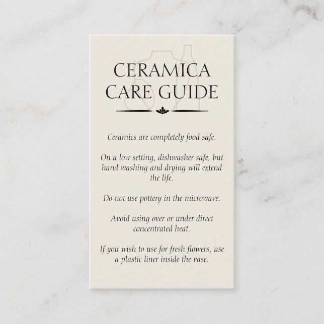 Beige Pottery Art Vase Ceramic Caring Instruction Business Card (Front)