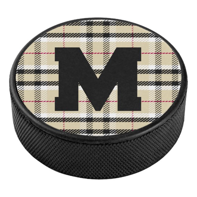 Beige Preppy Plaid Fashion Monogram Personalised Hockey Puck (3/4)