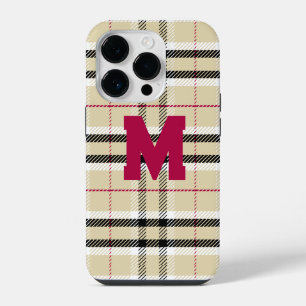 Beige Preppy Plaid Fashion Monogram Personalised iPhone 14 Pro Case
