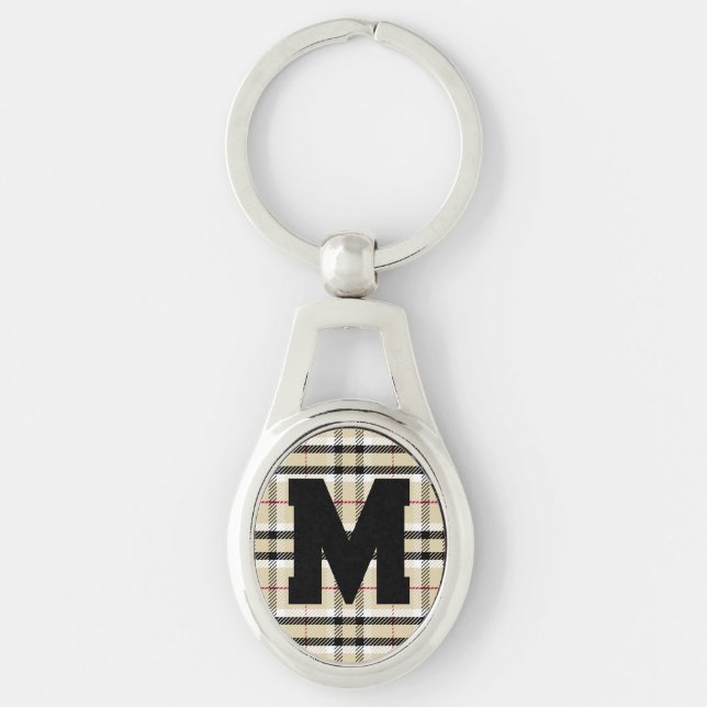 Beige Preppy Plaid Fashion Monogram Personalised Key Ring (Front)