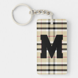 Beige Preppy Plaid Fashion Monogram Personalised Key Ring