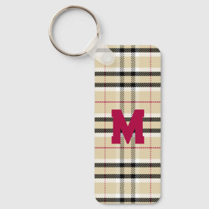 Beige Preppy Plaid Fashion Monogram Personalized Key Ring