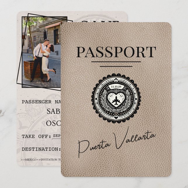 Beige Puerta Vallarta Passport Save The Date (Front/Back)