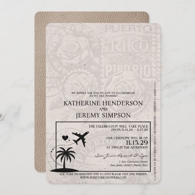 Beige Puerto Rico Passport Wedding Invitation (Front/Back)