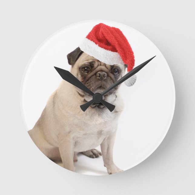 Beige pug with red santa hat on round clock (Front)