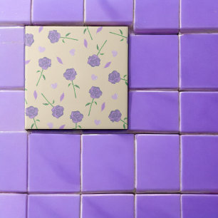 Beige Purple Rose Floral Boho Botanical Pattern Ceramic Tile