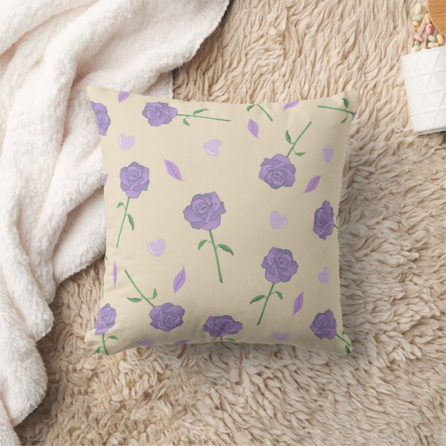 Beige Purple Rose Floral Boho Botanical Pattern Cushion (Blanket)