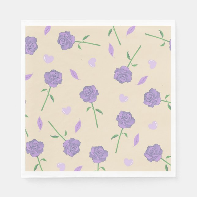 Beige Purple Rose Floral Boho Botanical Pattern Napkin (Front)