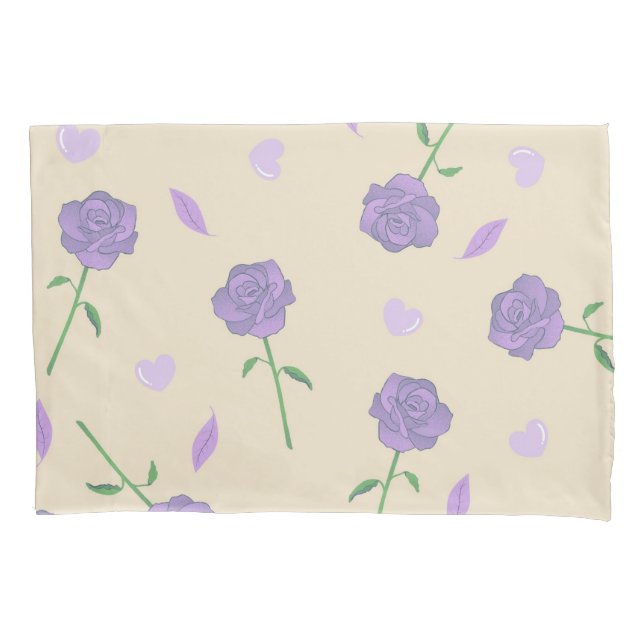 Beige Purple Rose Floral Boho Botanical Pattern Pillowcase (Front)