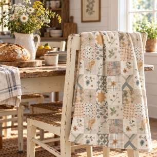 Beige Quilt Patchwork Gingham Cottagecore Floral Fleece Blanket