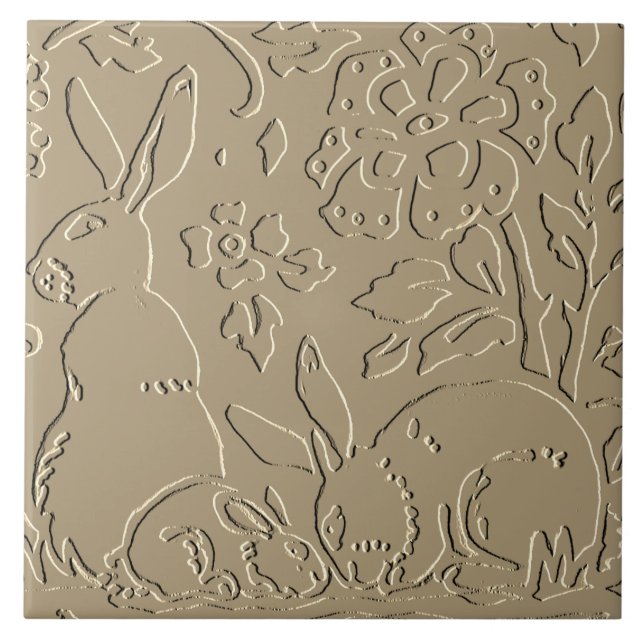 Beige Rabbit Embossed Woodland Foliage Elegant Ceramic Tile (Front)