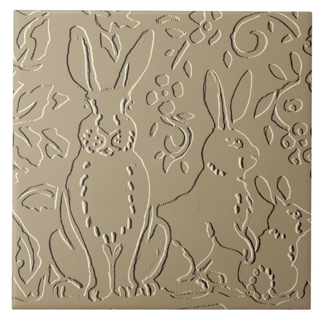 Beige Rabbit Embossed Woodland Foliage Elegant Ceramic Tile (Front)
