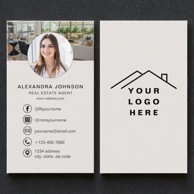 Beige Real Estate Agent Photo Logo Social Media Business Card (Creator Uploaded)