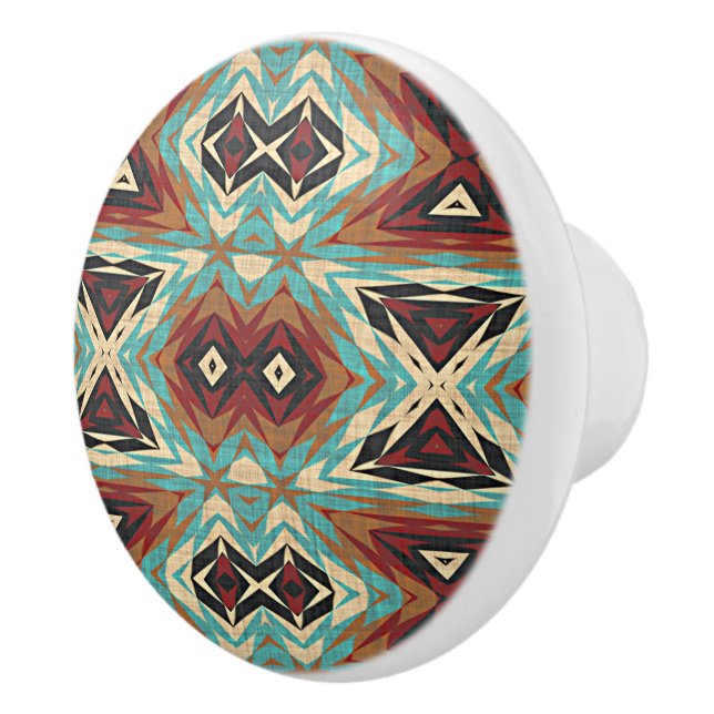 Beige Red Brown Aqua Blue Green Black Tribal Art Ceramic Knob (Right)