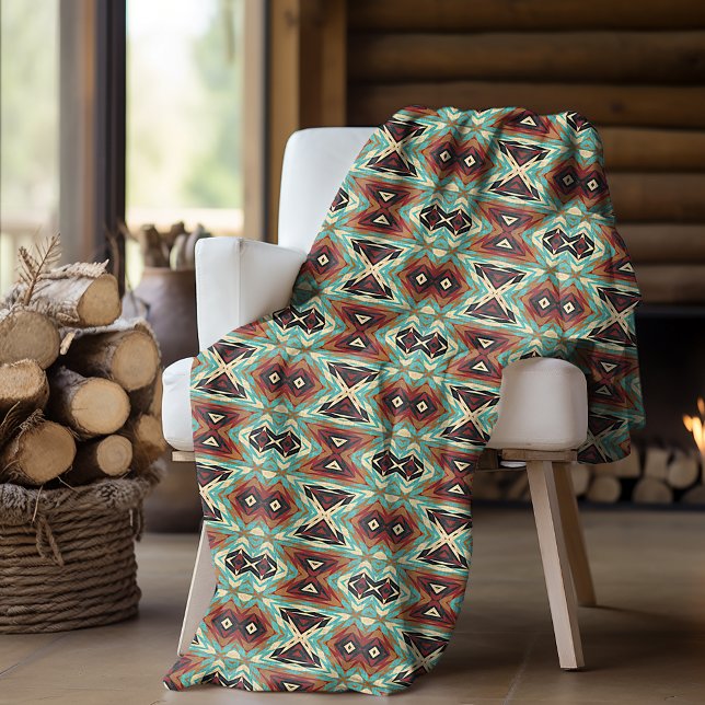 Beige Red Brown Aqua Blue Green Black Tribal Art Fleece Blanket (Creator Uploaded)
